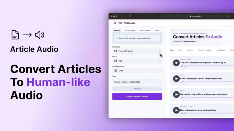 ARTICLE AUDIO : Convertissez instantanément vos articles en fichiers audio de haute qualité.