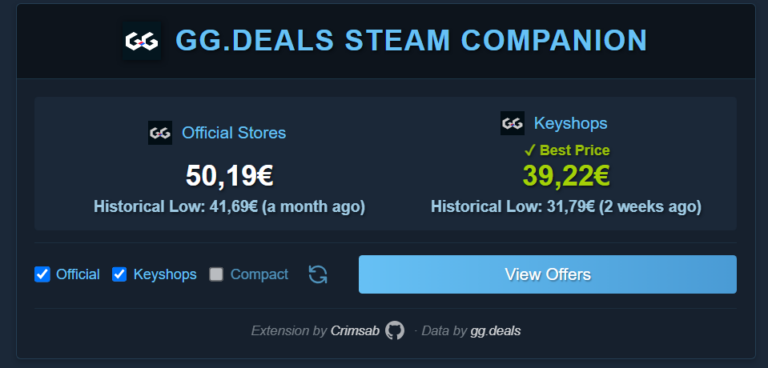 gg.deals Steam Companion : Vérifiez les prix les plus bas en quelques secondes