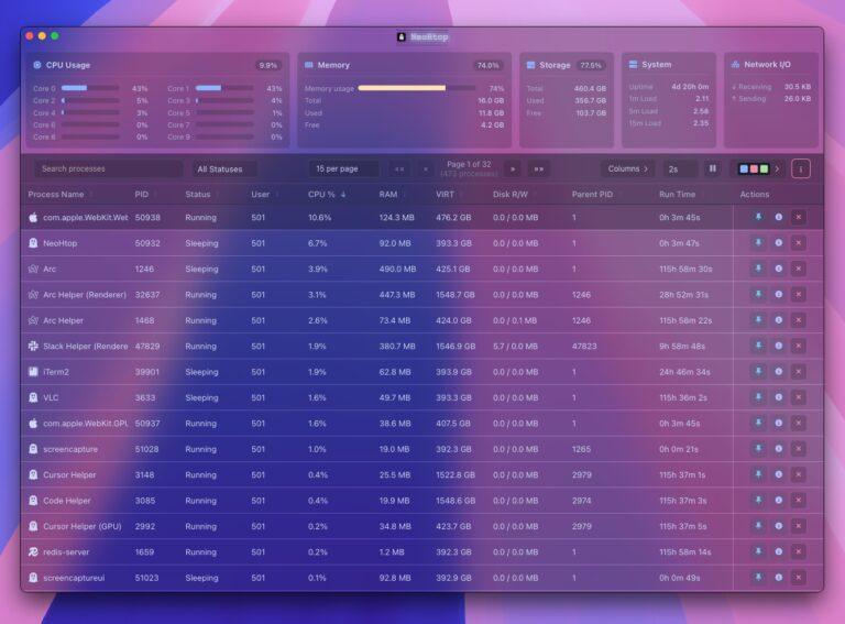 NEOHTOP : Un moniteur système moderne et multiplateforme construit à partir de Svelte, Rust et Tauri.