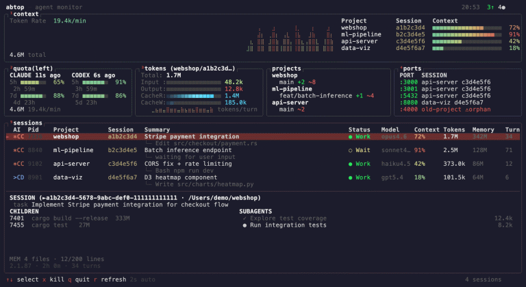 abtop : un htop pour flottes d’agents Claude Code et Codex CLI