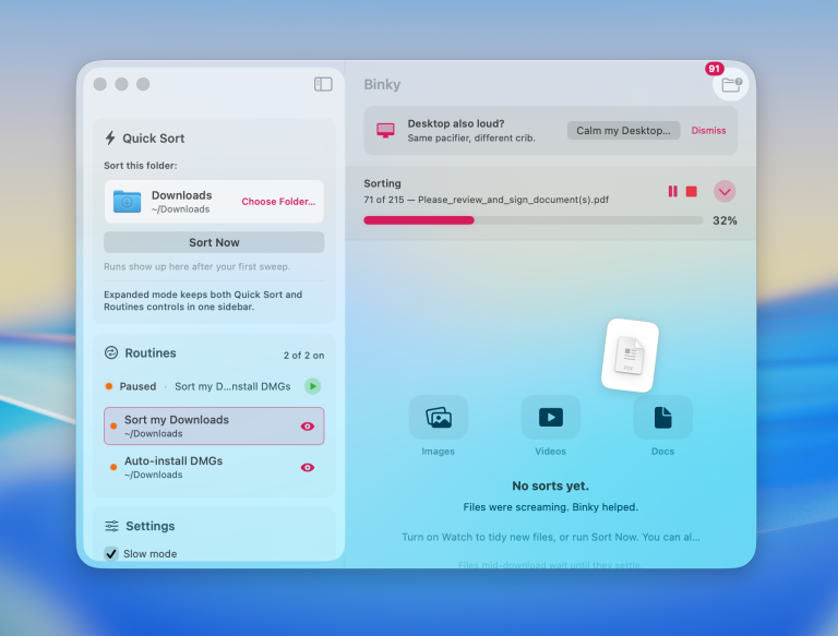 BINKY : trieur de fichiers macOS natif avec Quick Sort et Routines personnalisables
