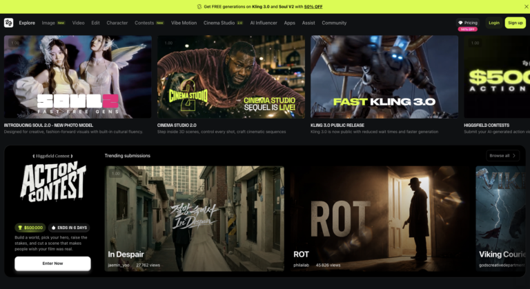 Higgsfield AI : Plateforme de génération vidéo et image IA