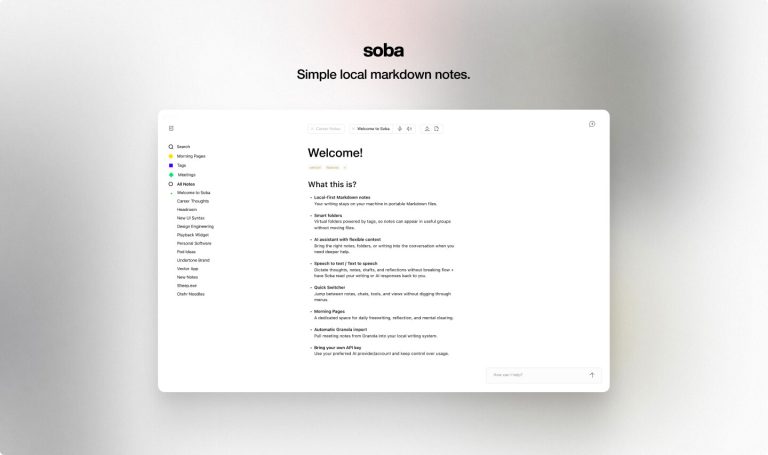 SOBA : un bloc-notes Markdown local avec assistant IA, dossiers intelligents et import Granola sur macOS et iOS