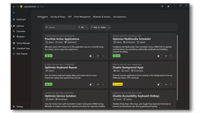OptimizerDuck : optimisez Windows avec plus de 30 tweaks et un système de rating de risque