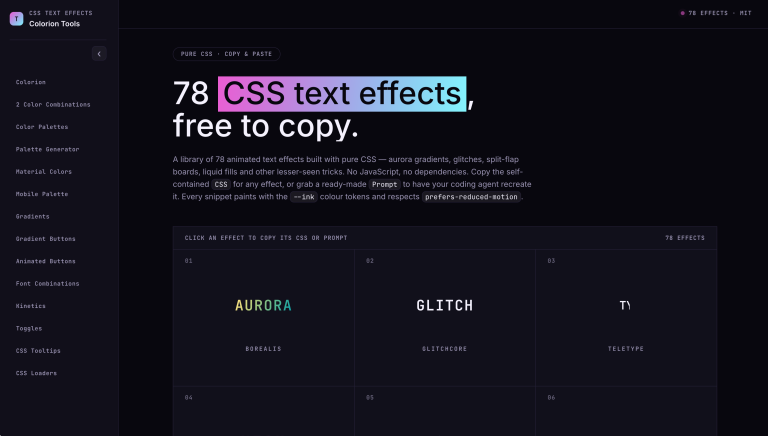 COLORION TEXT EFFECTS : 66 effets de texte en CSS pur