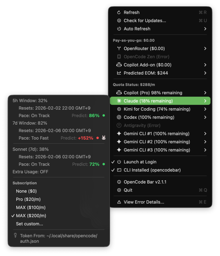 OPENCODE BAR : l&rsquo;alternative à CodexBar qui lit tous vos providers depuis OpenCode