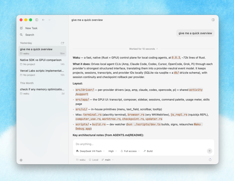 WAKU : l&rsquo;interface native Rust pour piloter tous vos agents de code depuis une seule fenêtre