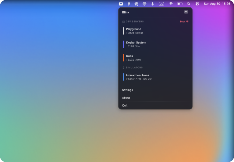 Blink dans la barre des menus avec serveurs de développement et simulateur iOS