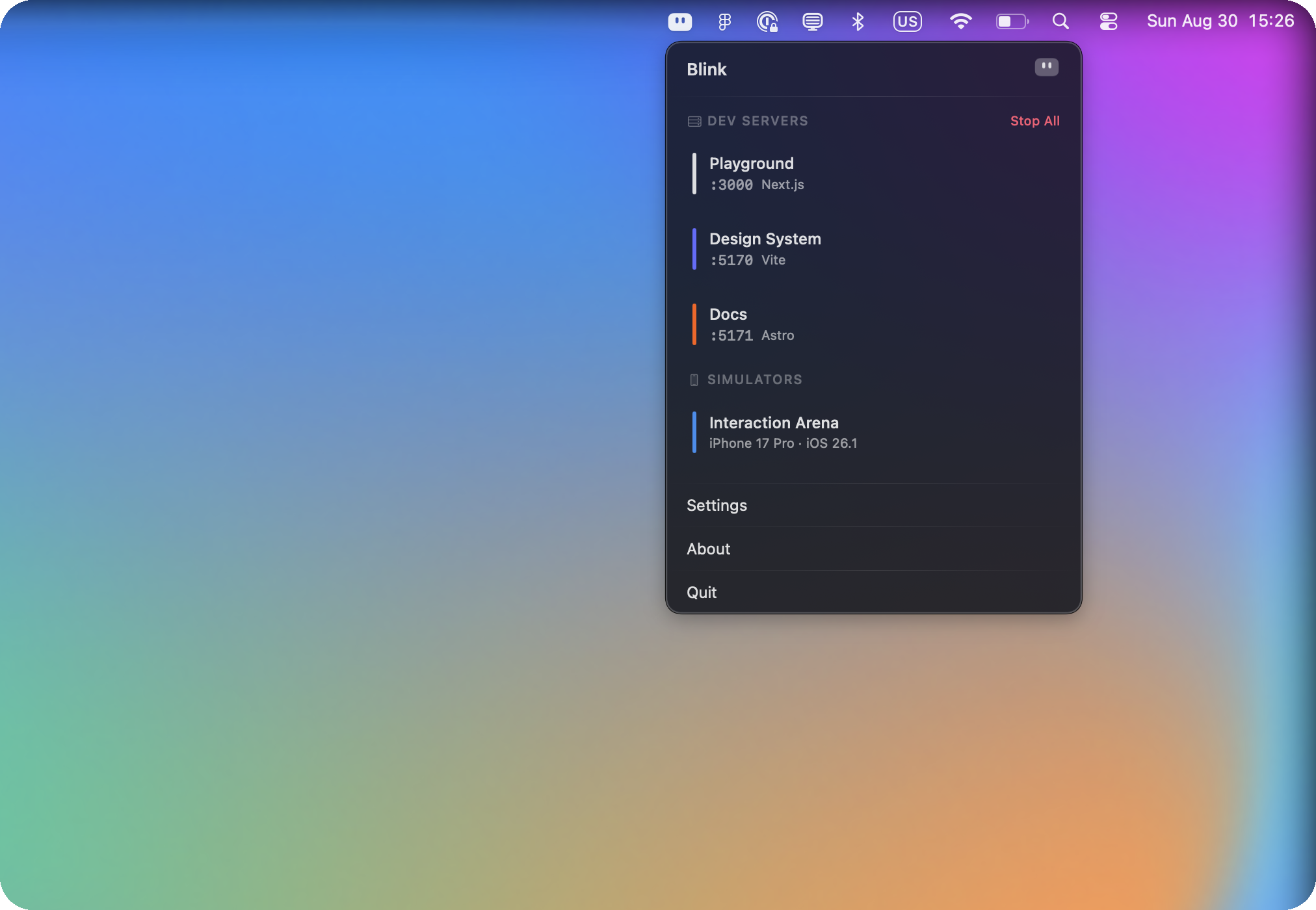 Blink dans la barre des menus avec serveurs de développement et simulateur iOS