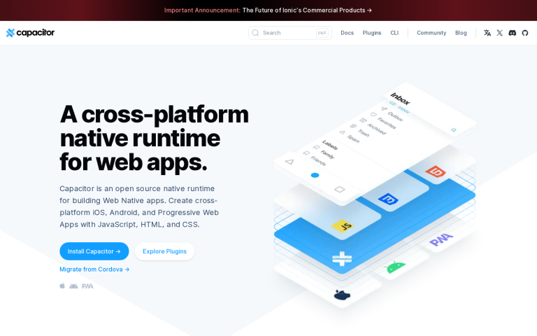 Page d accueil de Capacitor : le runtime natif open source pour applications web, iOS et Android
