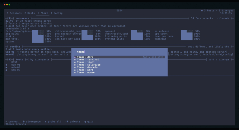 ESSH : tableau Fleet avec consensus, hôtes divergents et sélecteur de thèmes