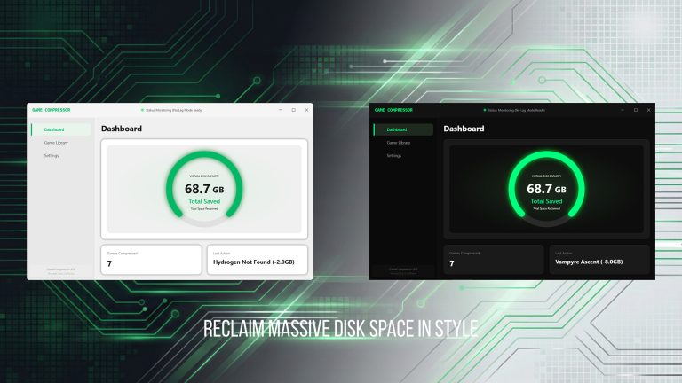 Interface de Game Compressor : bibliothèque de jeux, gains estimés et file de compression