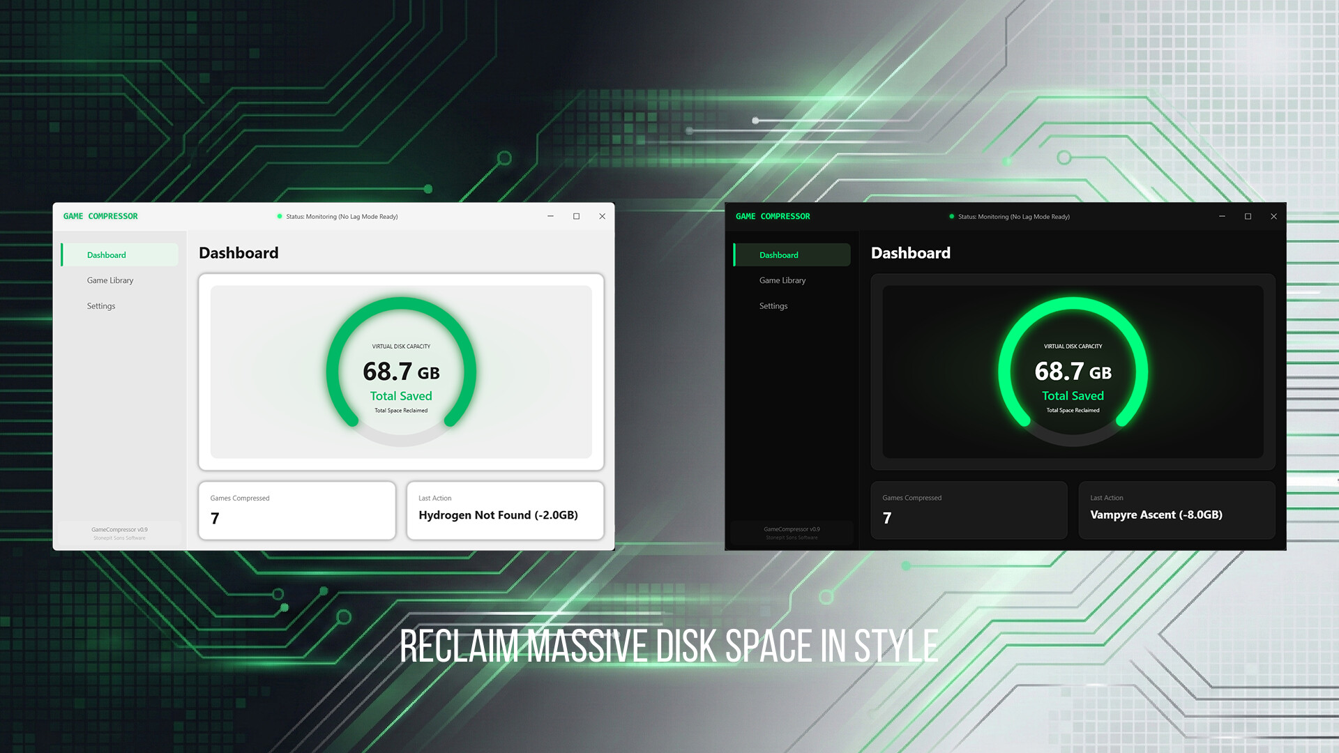 Interface de Game Compressor : bibliothèque de jeux, gains estimés et file de compression