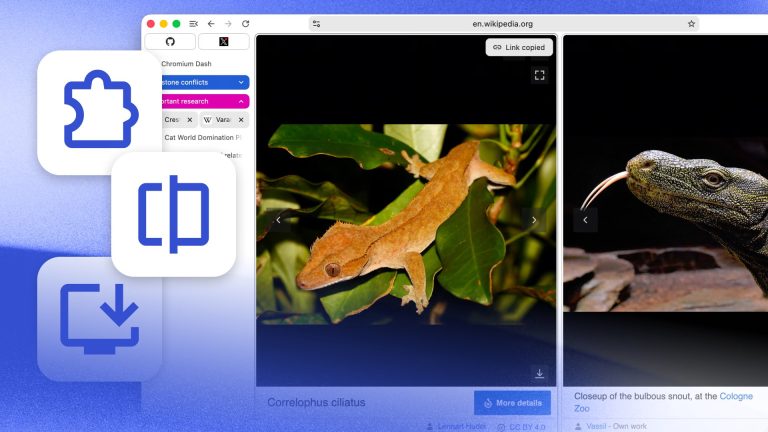 Interface du navigateur Helium : vue scindée, groupes d'onglets et extensions