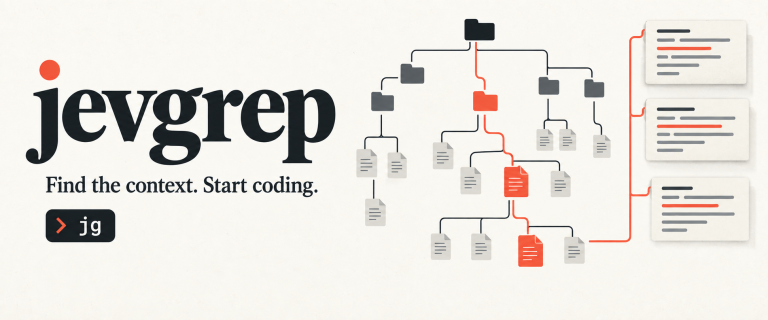 Visuel de couverture de jevgrep : arbre stylise de dossiers et de fichiers, quelques branches vermillon menant a des extraits de code, fond ivoire.