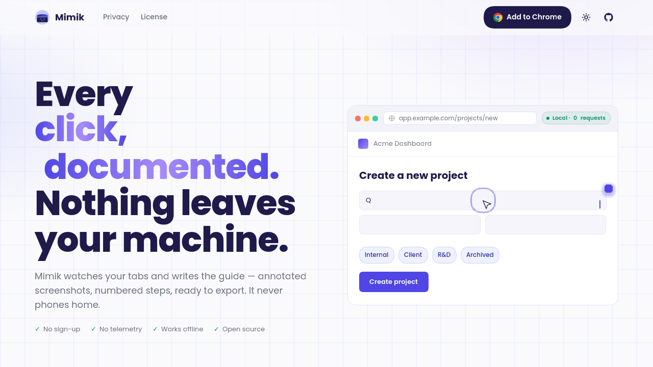 Page d'accueil de Mimik, extension de capture de tutoriels navigateur