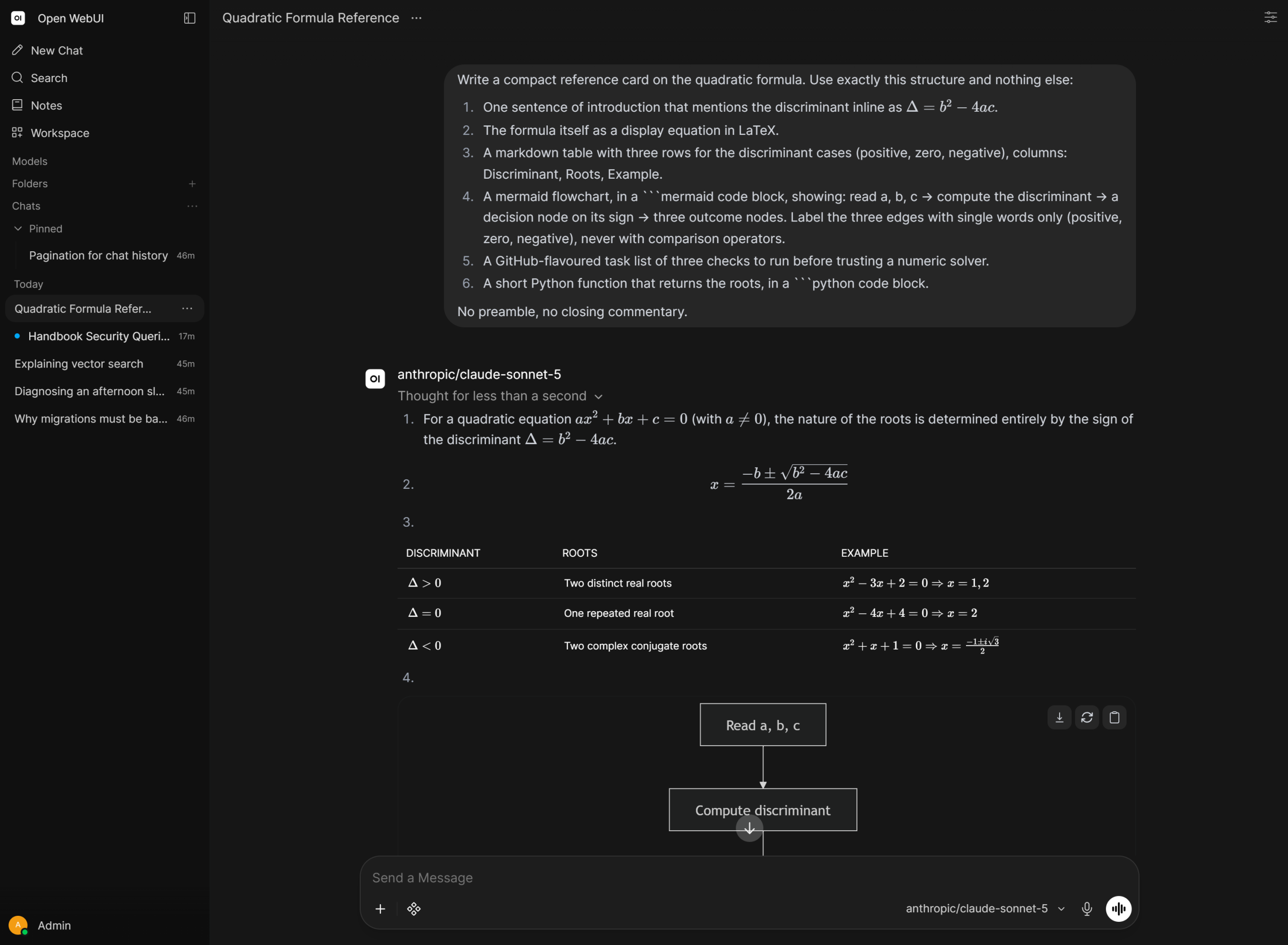 Une réponse Open WebUI affichant du LaTeX, un tableau et un diagramme Mermaid dans la fenêtre de chat.