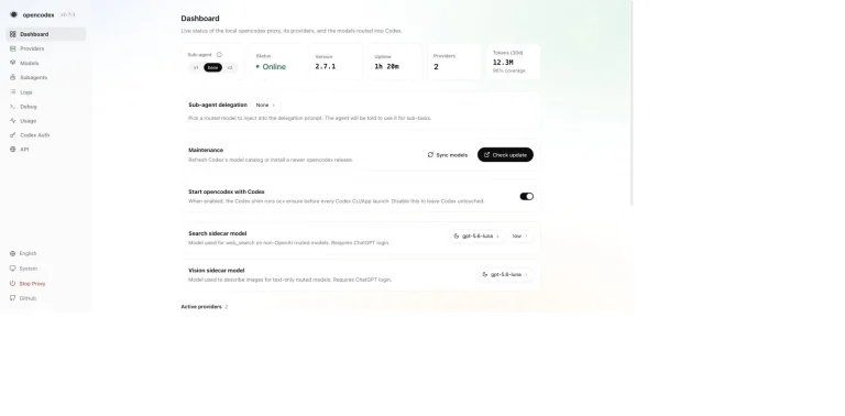 Le tableau de bord opencodex : fournisseurs routés, état OAuth et journal de requêtes