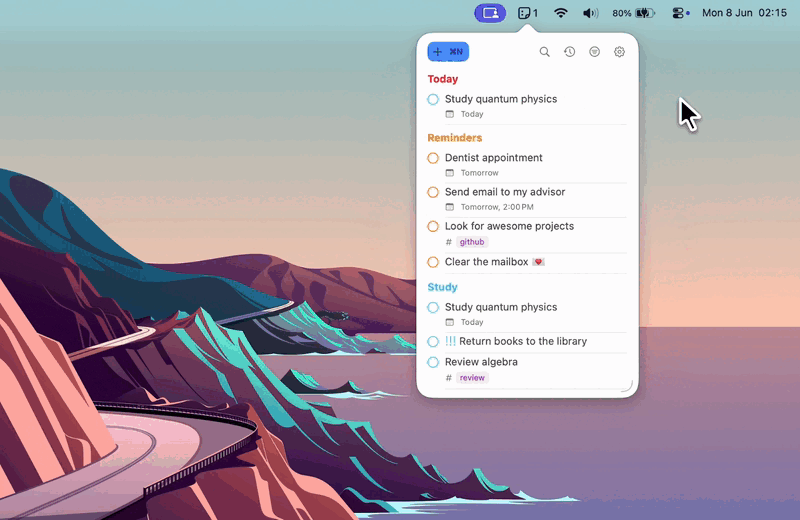 Reminders MenuBar : la liste des rappels déroulée depuis la barre de menus macOS