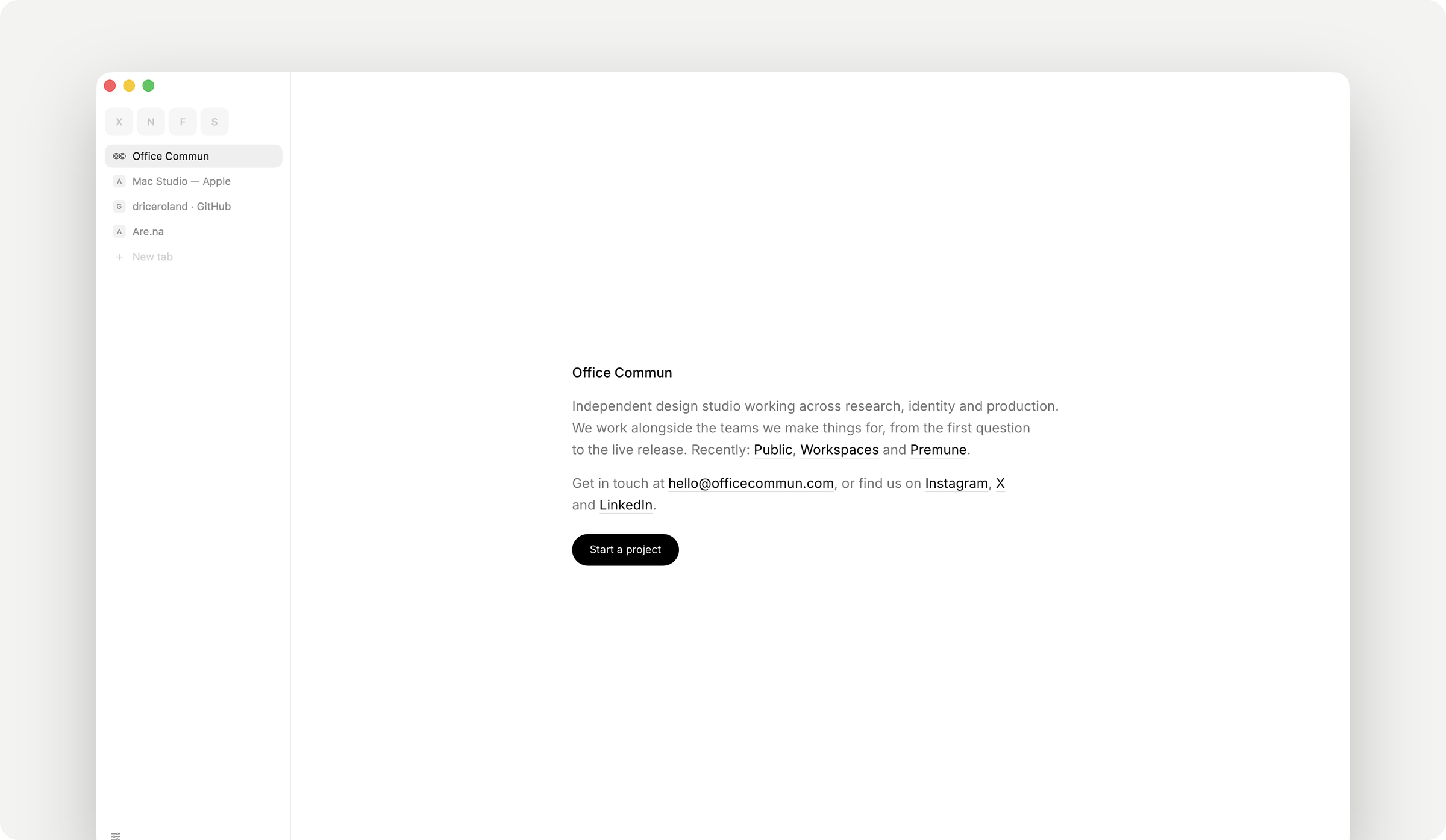 Capture de SEARCH, navigateur WebKit pour Mac : les onglets dans la colonne de gauche, une page qui occupe le reste de la fenêtre