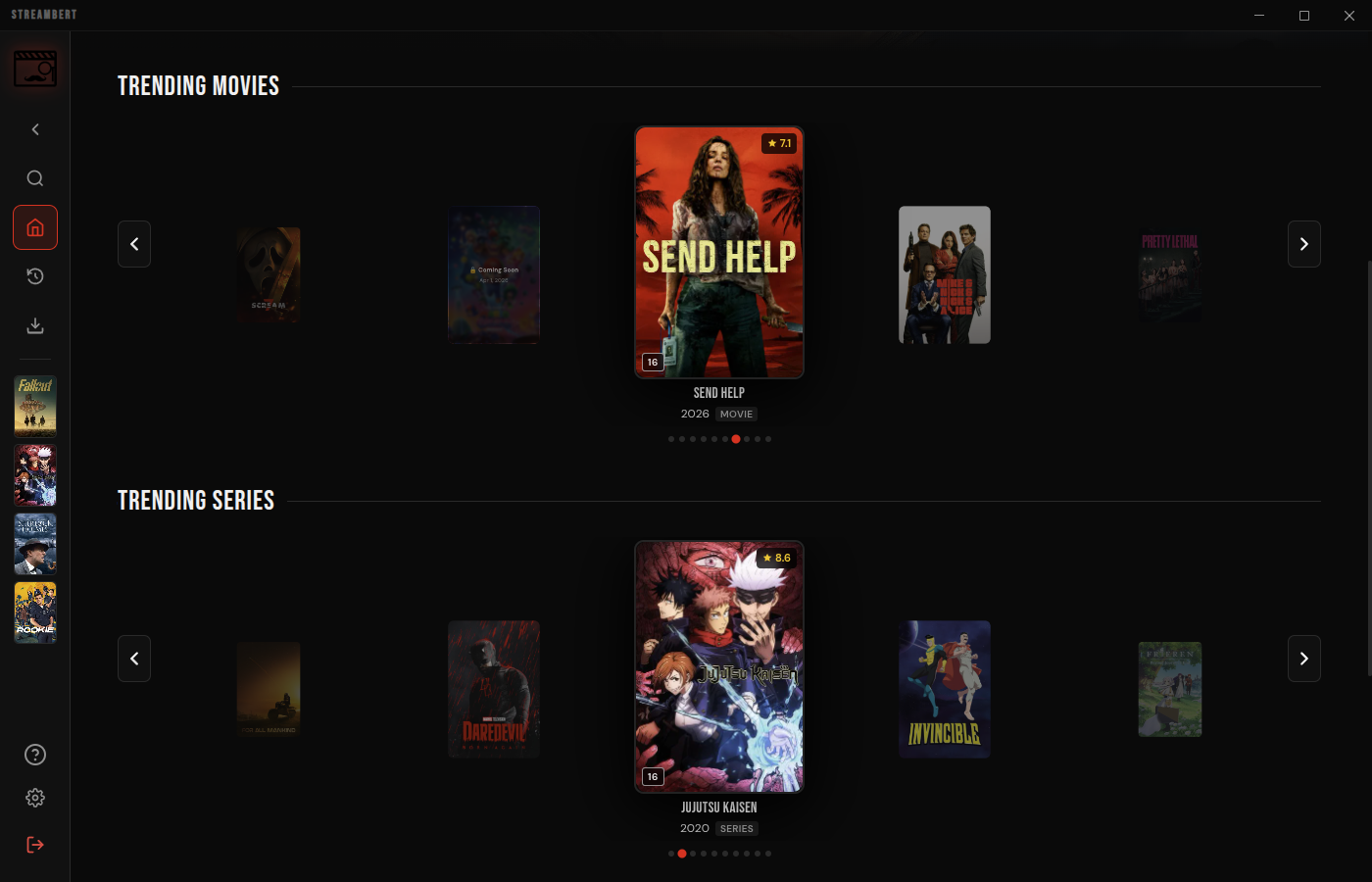 Écran d accueil de Streambert : carrousel des tendances du jour, posters de films et de séries dans une interface sombre.
