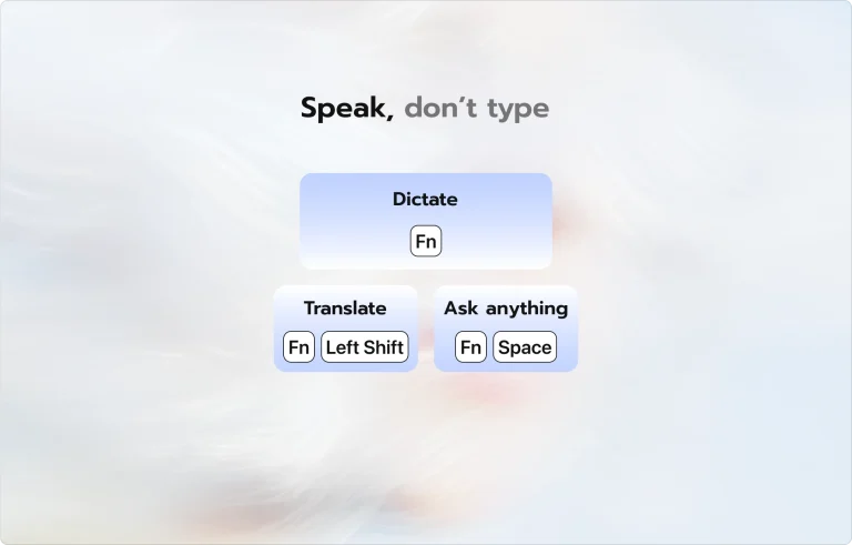 Capture d’écran des modes Dictate, Translate et Ask anything de Typeless sur macOS