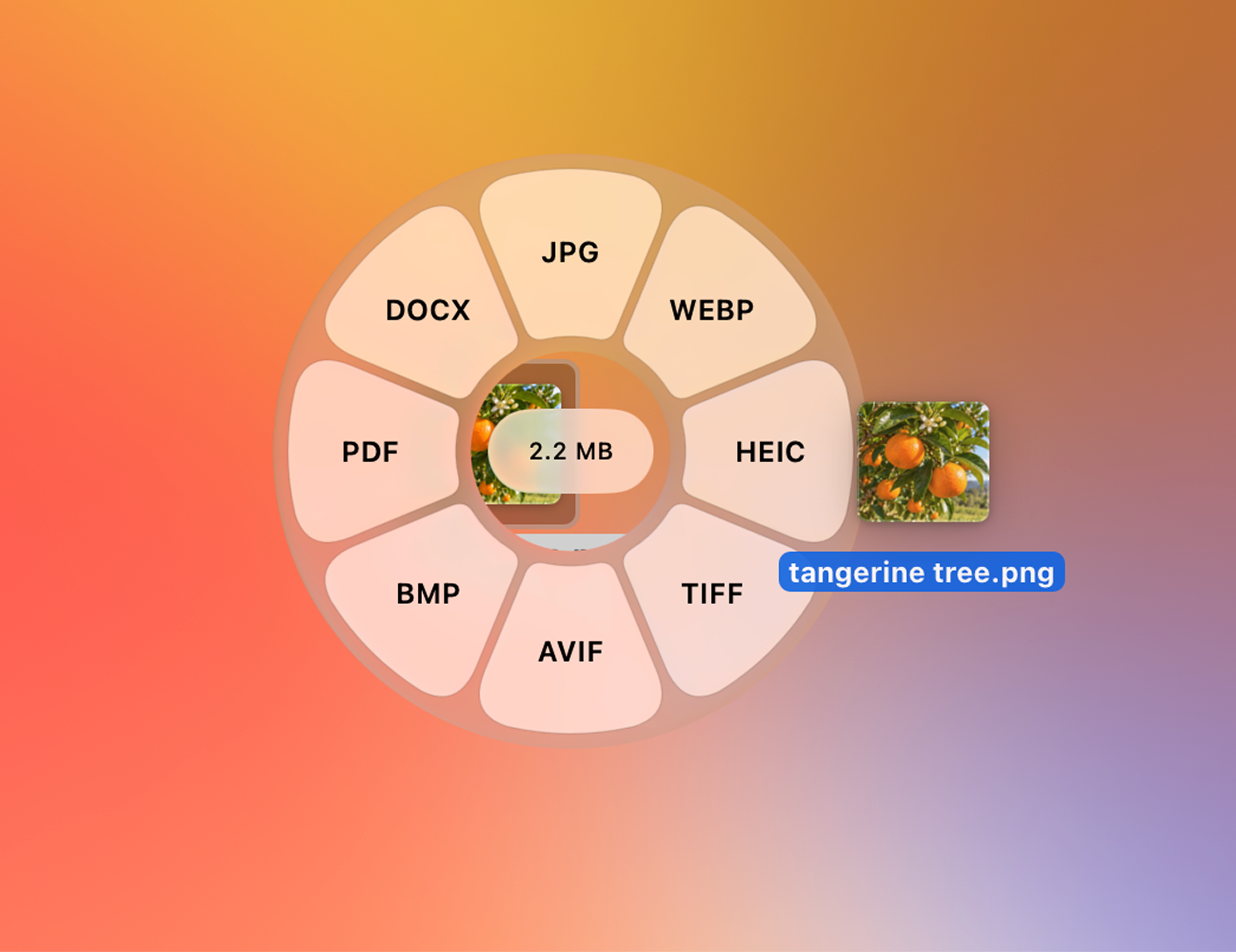 La roue de formats de Tangerine s'ouvre autour du fichier glissé dans le Finder
