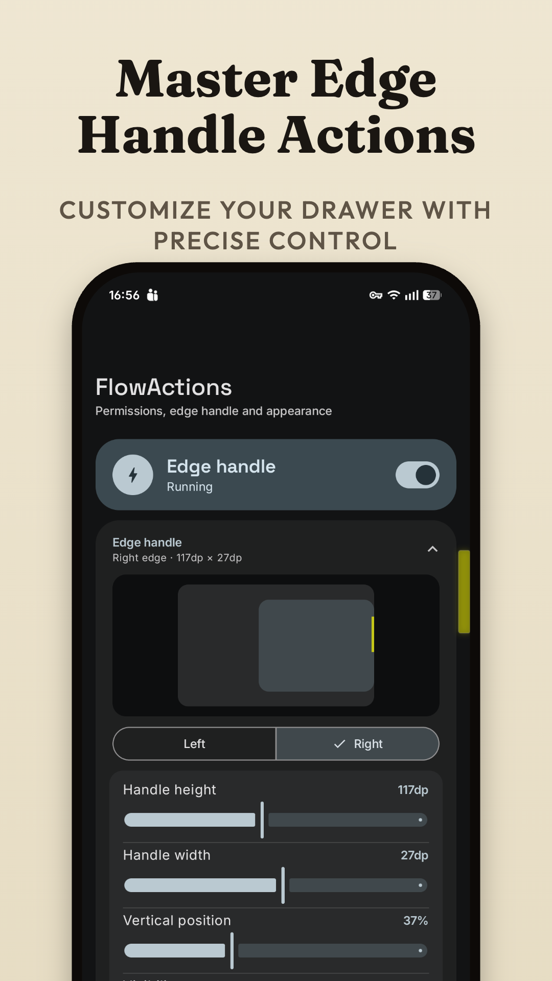 Tiroir de bord FLOWACTIONS ouvert depuis le bord de l'écran Android