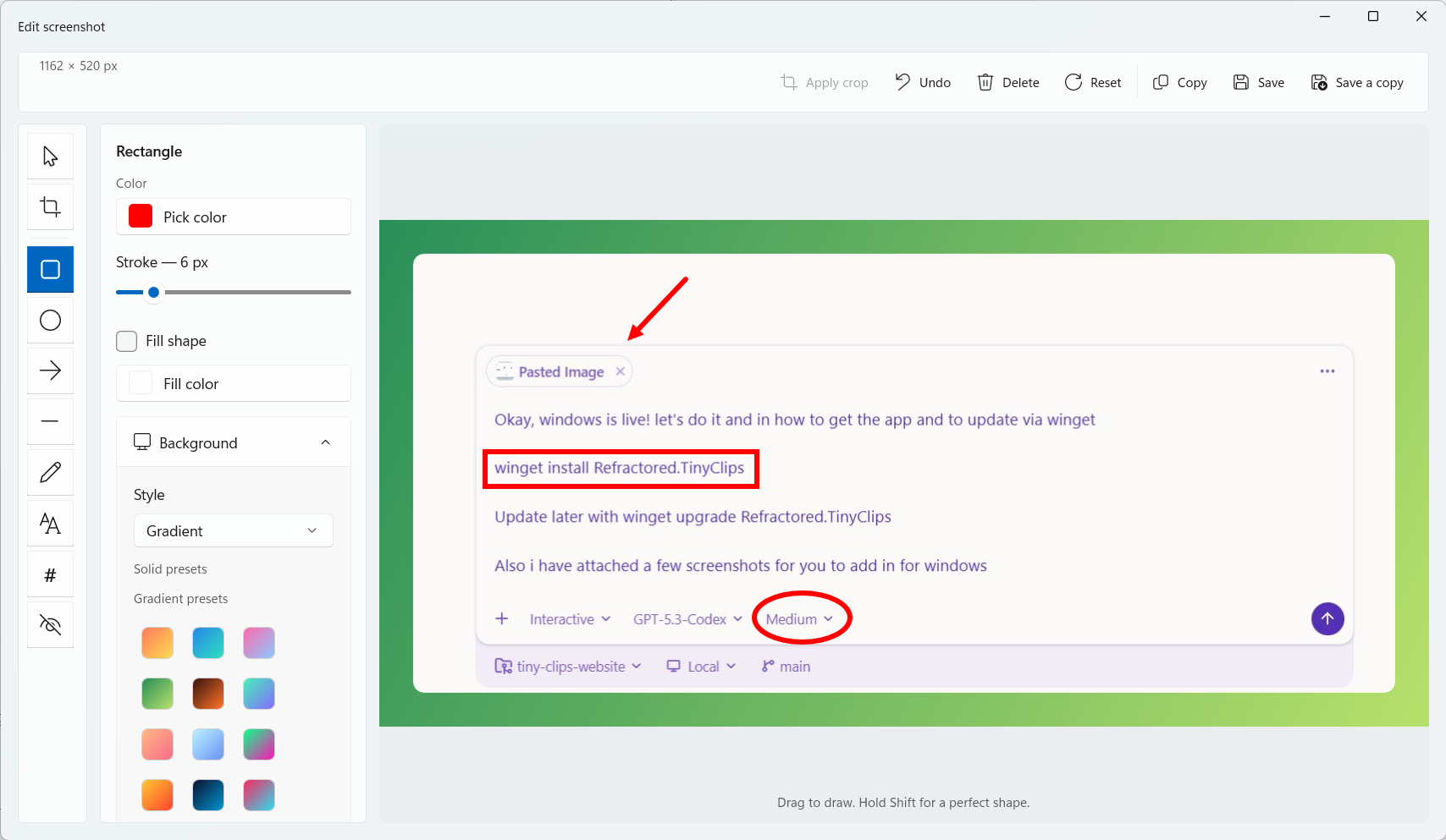 Éditeur de captures Tiny Clips pour Windows : annotation au rectangle rouge et à la flèche, fonds en dégradé et réglages de trait